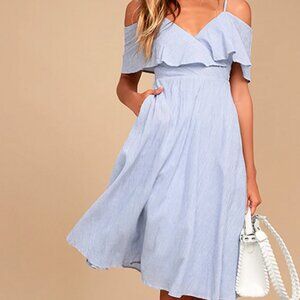 Lulus - Yacht Rock Blue and White Striped Off-the-Shoulder Midi Dress